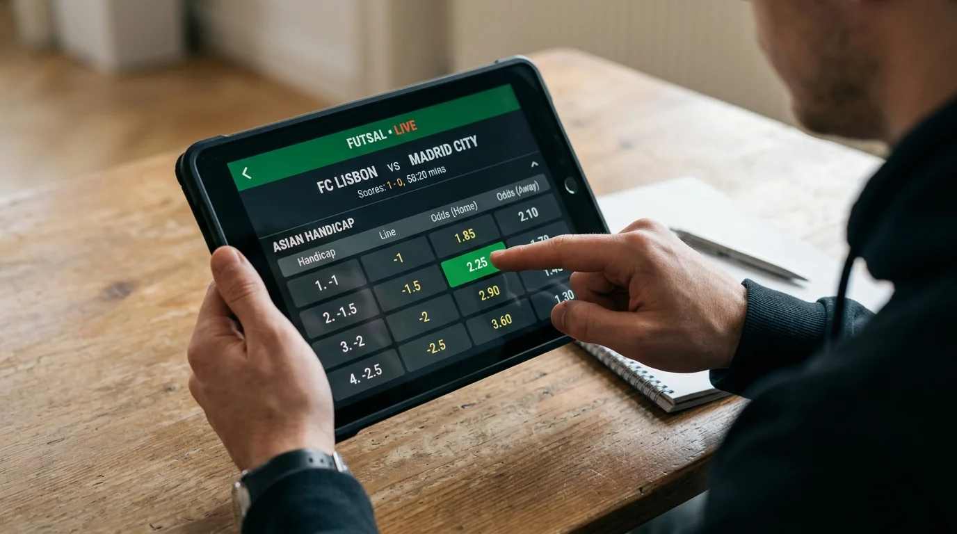 Tablet-Bildschirm mit Futsal-Handicap-Quoten im Asian-Handicap-Format